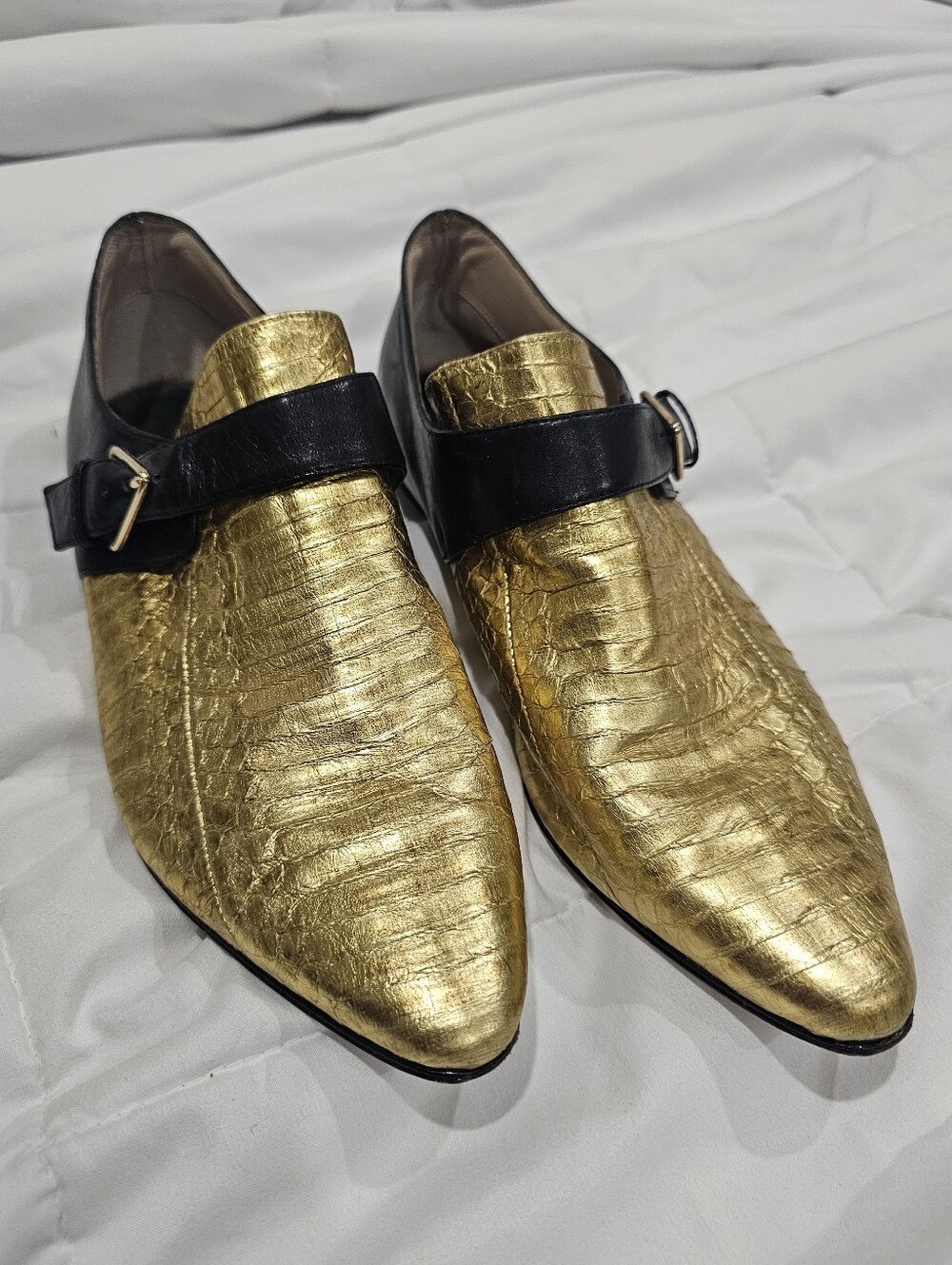 10 Crosby Derek Lam Gold and Black Textured Monk Strap Loafers